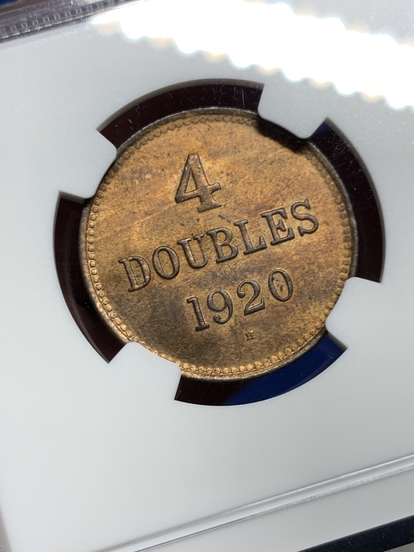 《竞宝斋》第449场 周日，周一，周二  3场连拍 （全场包邮，欢迎送拍） NGC MS64RB 根西岛1920H四道布铜币 优秀的状态