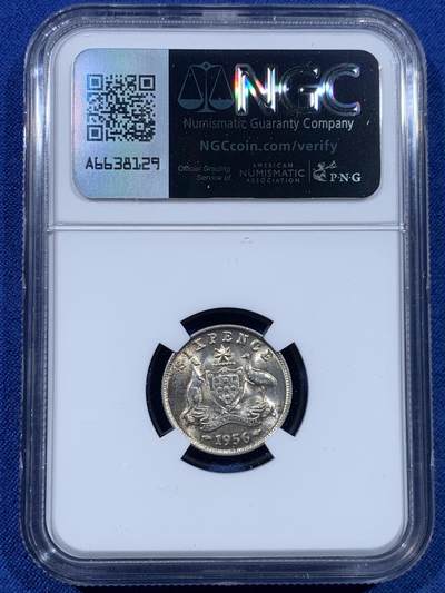 《竞宝斋》第449场 周日，周一，周二  3场连拍 （全场包邮，欢迎送拍） NGC MS63 澳大利亚1956年袋鼠鸸鹋6便士银币，少见品种，克书标记小特年，底板光度都很棒。