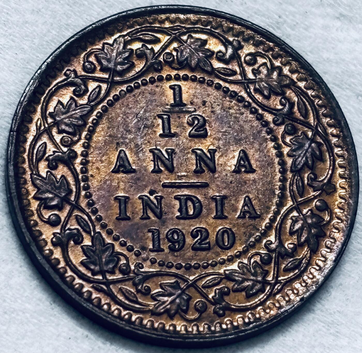 文馨钱币收藏第 286 场，圣诞节专场【 长期接收代拍品低至 0 佣金】 全新 1920 年英属印度乔治五世 1/12 安娜铜币