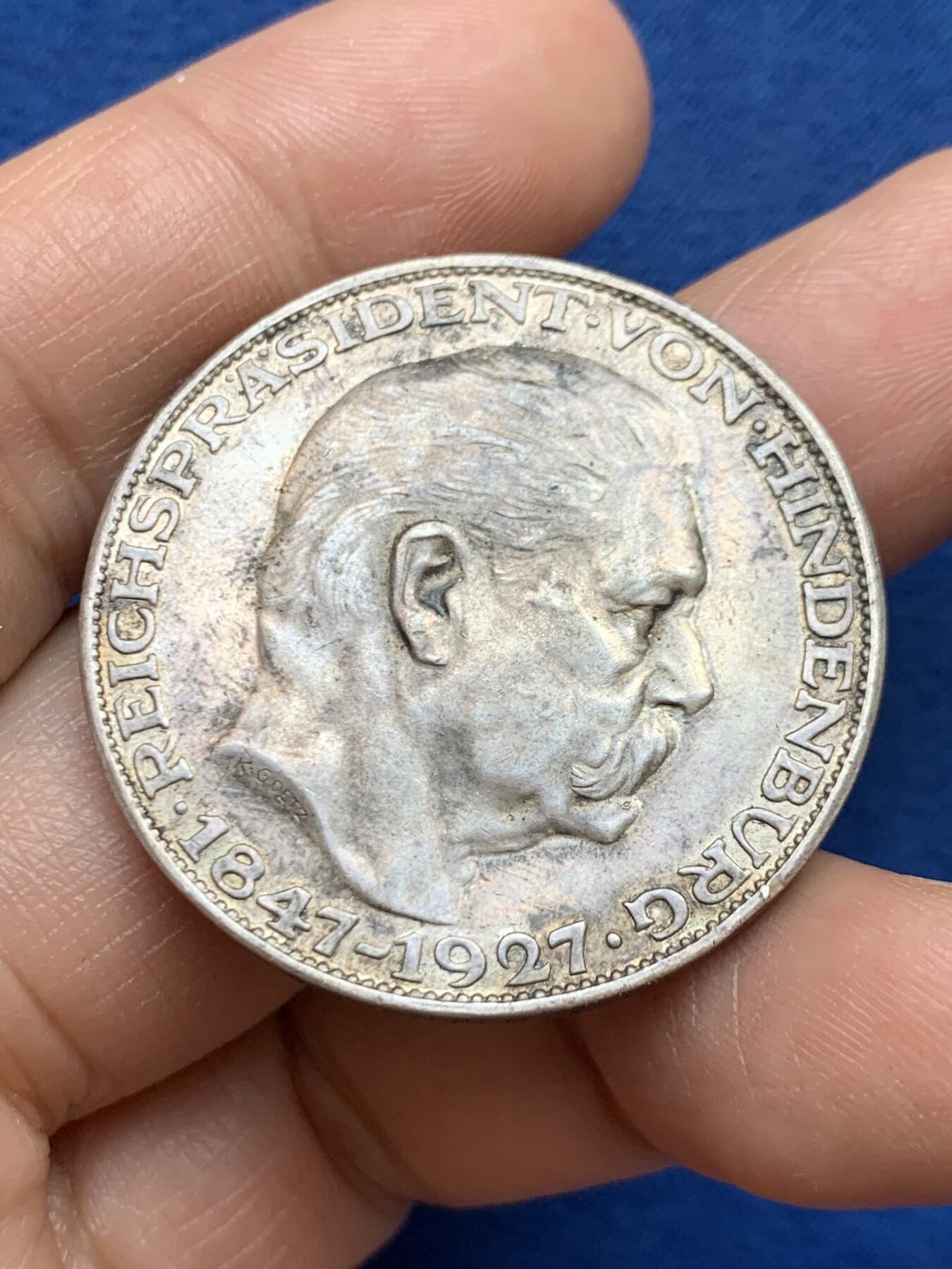 《竞宝斋》第449场 周日，周一，周二  3场连拍 （全场包邮，欢迎送拍） 德国兴登堡80寿辰5马克银章，卡尔哥茨作品，稀少无D字厂标版，24.4克，900银