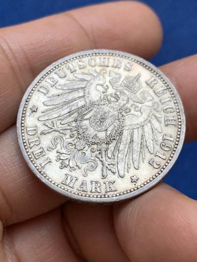 《竞宝斋》第449场 周日，周一，周二  3场连拍 （全场包邮，欢迎送拍） 德国 1912年 普鲁士威廉二世3马克银币