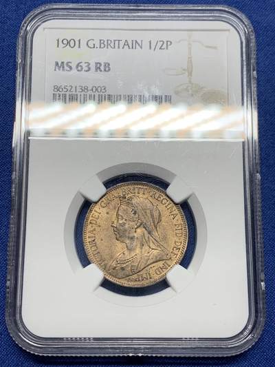 《竞宝斋》第449场 周日，周一，周二  3场连拍 （全场包邮，欢迎送拍） - NGC MS63RB  英国1901年维多利亚1/2便士