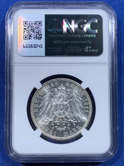 《竞宝斋》第449场 周日，周一，周二  3场连拍 （全场包邮，欢迎送拍） NGC MS62 德国1911年普鲁士国王威廉二世3马克银币