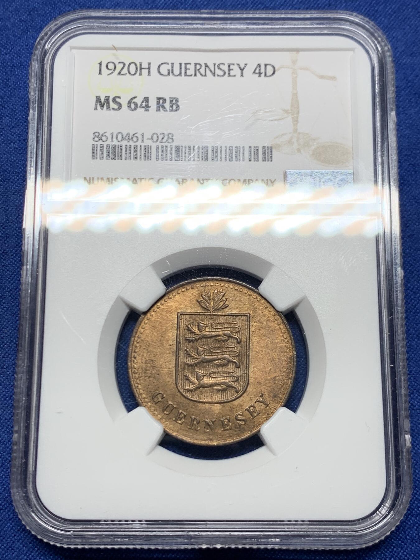 《竞宝斋》第449场 周日，周一，周二  3场连拍 （全场包邮，欢迎送拍） NGC MS64RB 根西岛1920H四道布铜币 优秀的状态