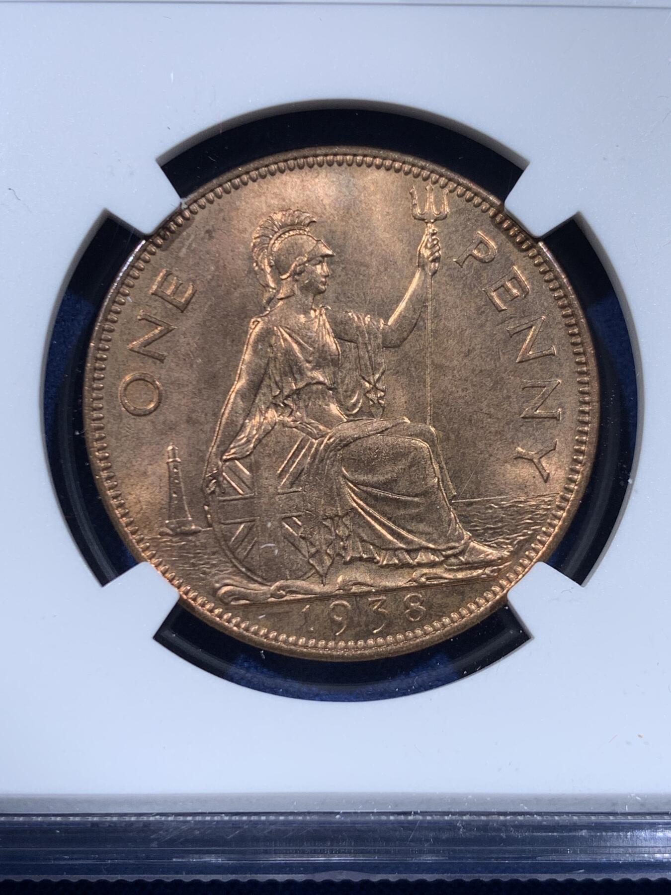 《竞宝斋》第449场 周日，周一，周二  3场连拍 （全场包邮，欢迎送拍） NGC MS64RB 英国乔治六世1938年一便士铜币，极美原铜光，好品难觅，64的分数足以自藏了