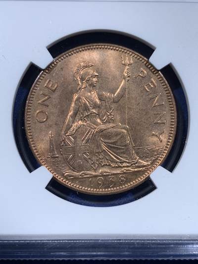 《竞宝斋》第449场 周日，周一，周二  3场连拍 （全场包邮，欢迎送拍） NGC MS64RB 英国乔治六世1938年一便士铜币，极美原铜光，好品难觅，64的分数足以自藏了