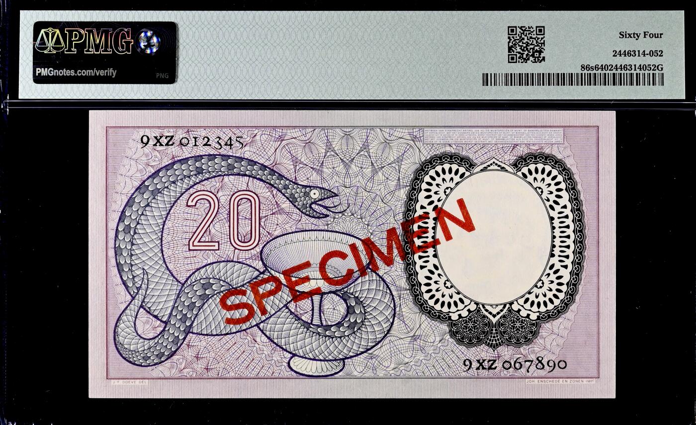 【Blue Auction】世界纸币精拍第766期——18级TOP拍卖/信誉/品质/专业/高效💫 【仅2张更高分 试色样钞】荷兰1955年20盾 经典毒蛇 PMG64（相较于普通版本，饱和度、对比度更优，尤其是赫尔曼·布尔哈夫肖像的紫色调区域，且没有普通样钞编号，这种刷色在只有个位数记录的样钞里面也比较难得）（常见样钞多针孔及装帧胶印，针孔普通样钞曾拍出660美金）