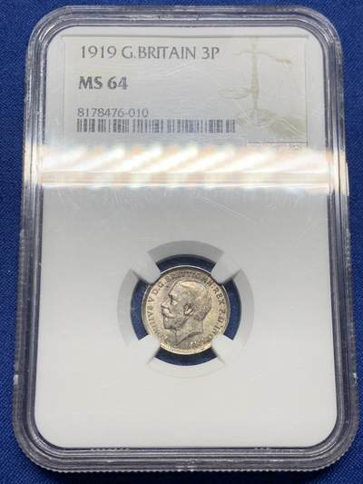 《竞宝斋》第449场 周日，周一，周二  3场连拍 （全场包邮，欢迎送拍） - NGC MS64 英国1919年3便士银币 高银版本 包浆好看 值得入手