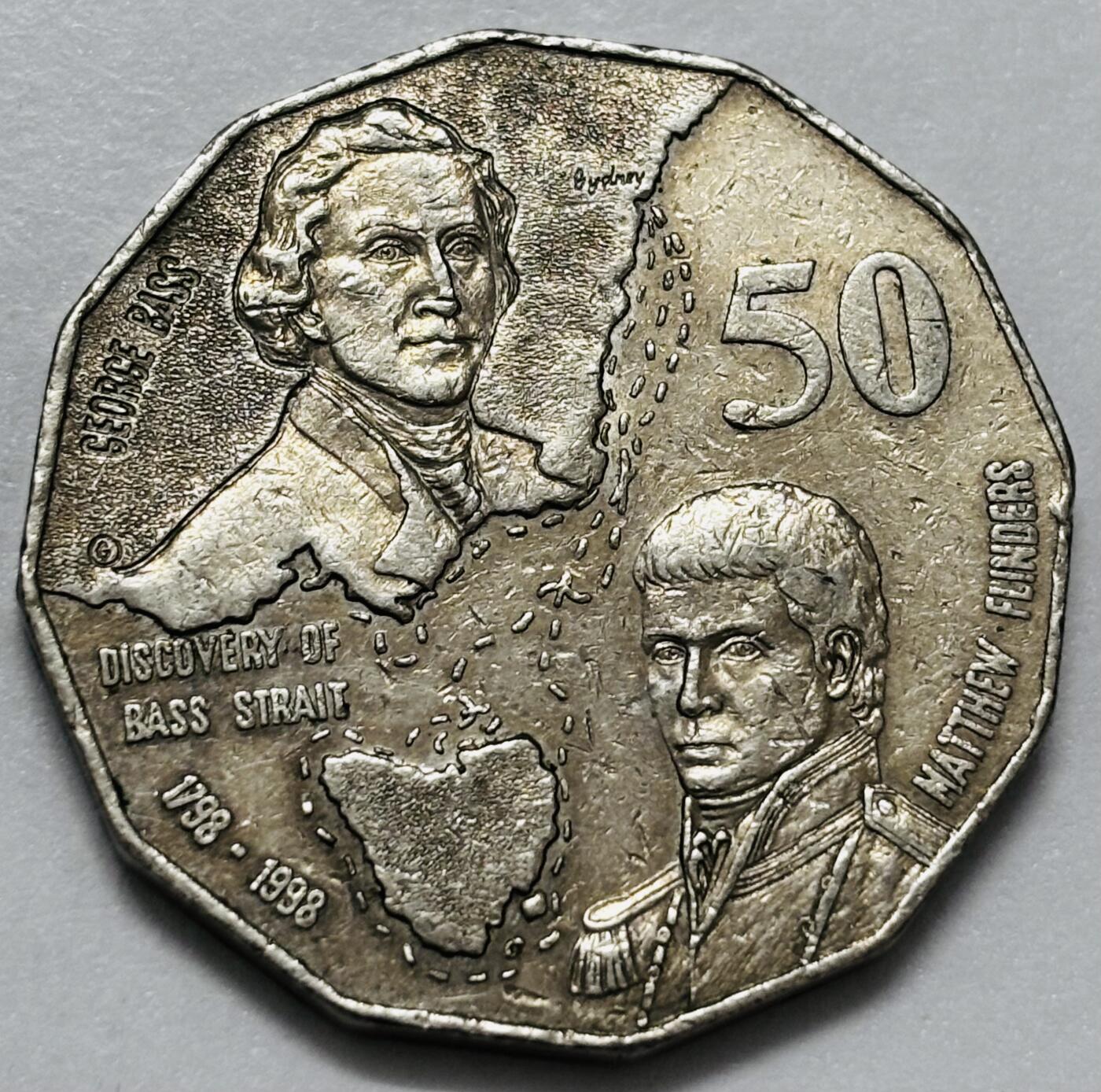 文馨钱币收藏第 286 场，圣诞节专场【 长期接收代拍品低至 0 佣金】 1998 年 澳大利亚50分 发现巴斯海峡200年32mm