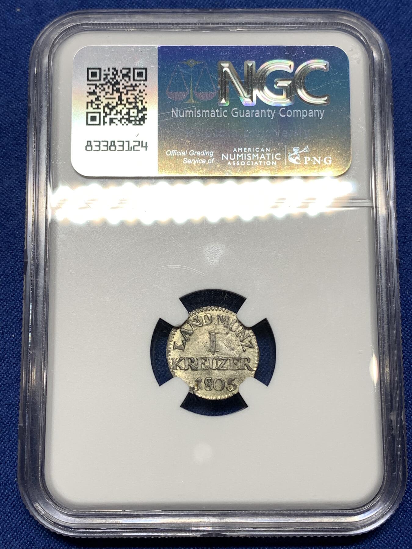 《竞宝斋》第449场 周日，周一，周二  3场连拍 （全场包邮，欢迎送拍） NGC MS63 德国 1805年 黑塞达姆斯特伯爵领1K银币，冠军分，非常稀有！60分的评估价都要140美元。