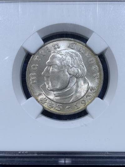 《竞宝斋》第449场 周日，周一，周二  3场连拍 （全场包邮，欢迎送拍） NGC MS64 德国1933D马丁路德2马克，高分好品，少见。