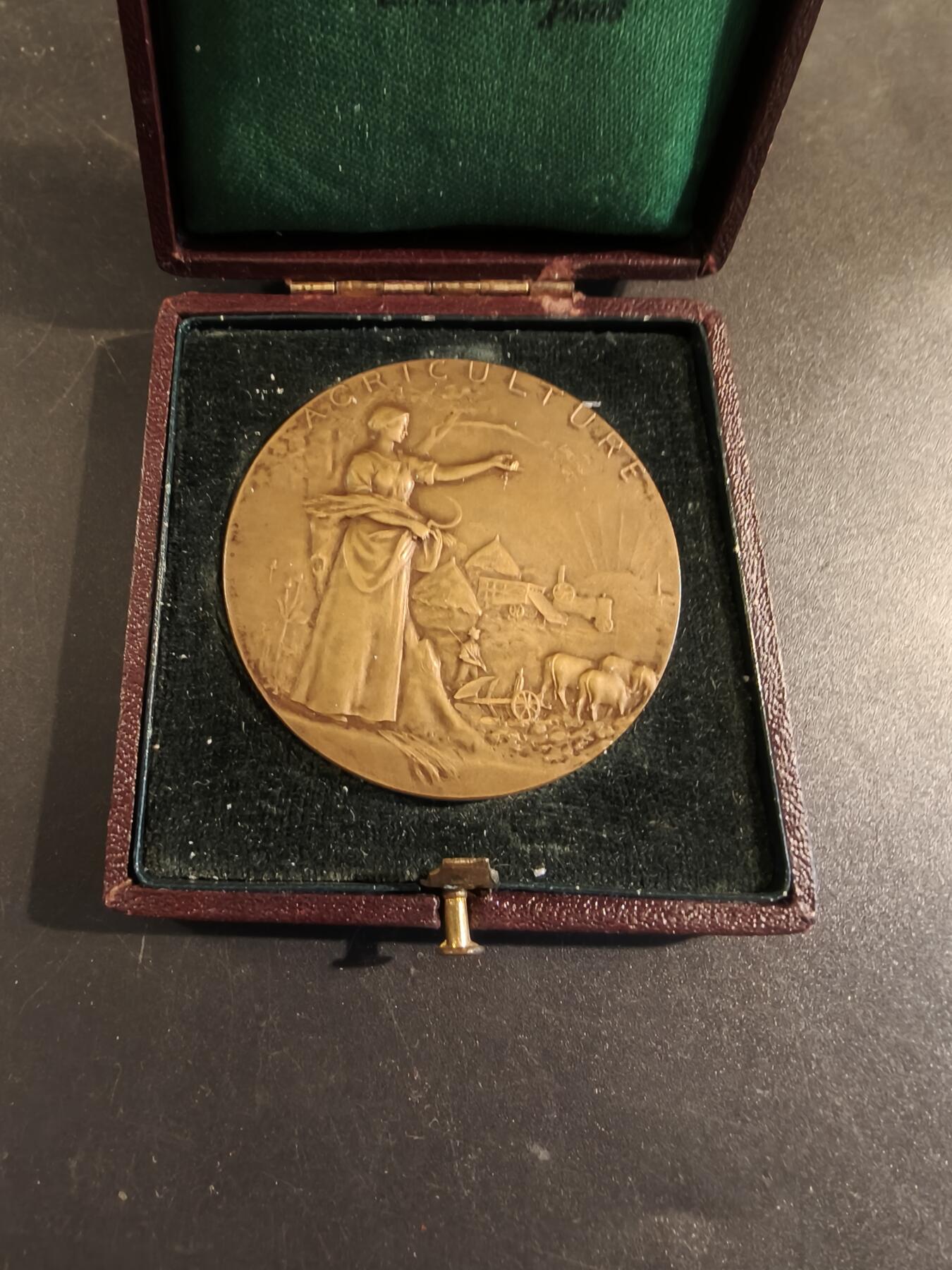 老王徽章第171期 法国萨瓦省圣朱利安昂热讷农业协会大铜章     原盒       大师P.Grandhomme作品     直径50mm     重量57g