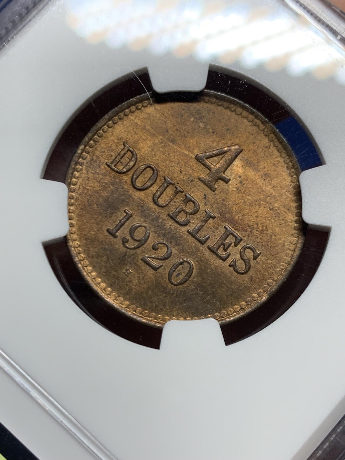 《竞宝斋》第449场 周日，周一，周二  3场连拍 （全场包邮，欢迎送拍） NGC MS64RB 根西岛1920H四道布铜币 优秀的状态