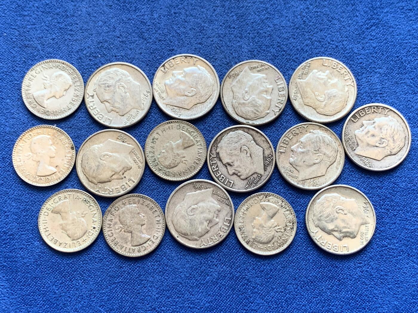 《竞宝斋》第449场 周日，周一，周二  3场连拍 （全场包邮，欢迎送拍） 16枚一组 美国1961-1964年罗斯福10分银币10枚（总重25克 900银）+ 澳大利亚1955-1964伊丽莎白女王二世3便士银币6枚（总重约8.45克 500银）