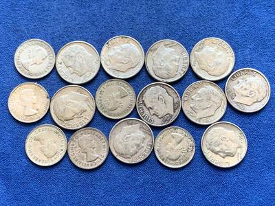 《竞宝斋》第449场 周日，周一，周二  3场连拍 （全场包邮，欢迎送拍） - 16枚一组 美国1961-1964年罗斯福10分银币10枚（总重25克 900银）+ 澳大利亚1955-1964伊丽莎白女王二世3便士银币6枚（总重约8.45克 500银）