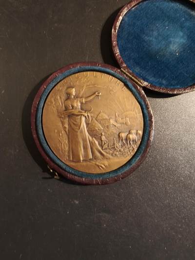 老王徽章第171期 - 法国萨瓦省圣朱利安昂热讷农业协会大铜章     原盒       大师P.Grandhomme作品     直径50mm     重量49.2g 