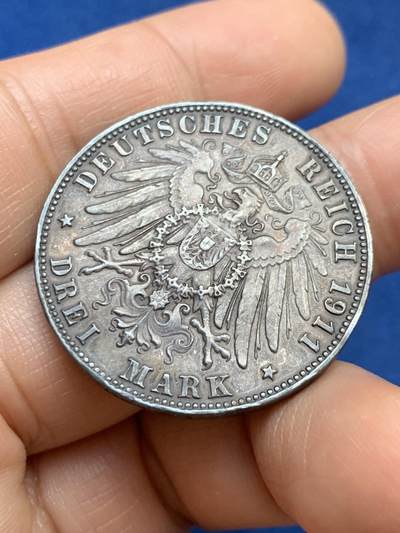 《竞宝斋》第449场 周日，周一，周二  3场连拍 （全场包邮，欢迎送拍） 德国1911年巴伐利亚柳特波德3马克银币