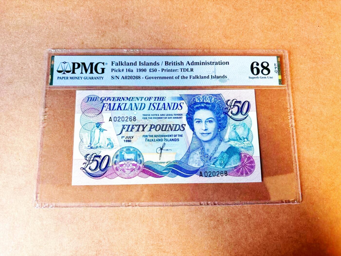 【Blue Auction】世界纸币精拍第766期——18级TOP拍卖/信誉/品质/专业/高效💫 【A冠无47】福克兰群岛 1990年50镑 PMG68EPQ 高分