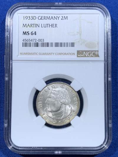 《竞宝斋》第449场 周日，周一，周二  3场连拍 （全场包邮，欢迎送拍） - NGC MS64 德国1933D马丁路德2马克，高分好品，少见。