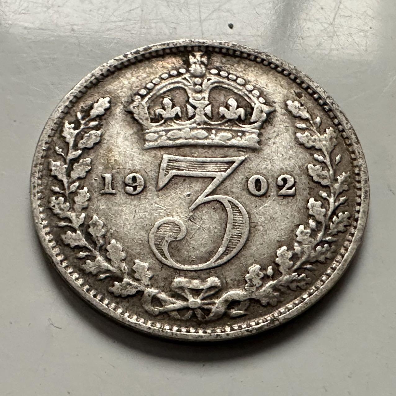 🌹外币初藏🌹🐯2025年第144场  每周二四六晚8️⃣点 接代拍 英国1902年3便士银币 高银 a