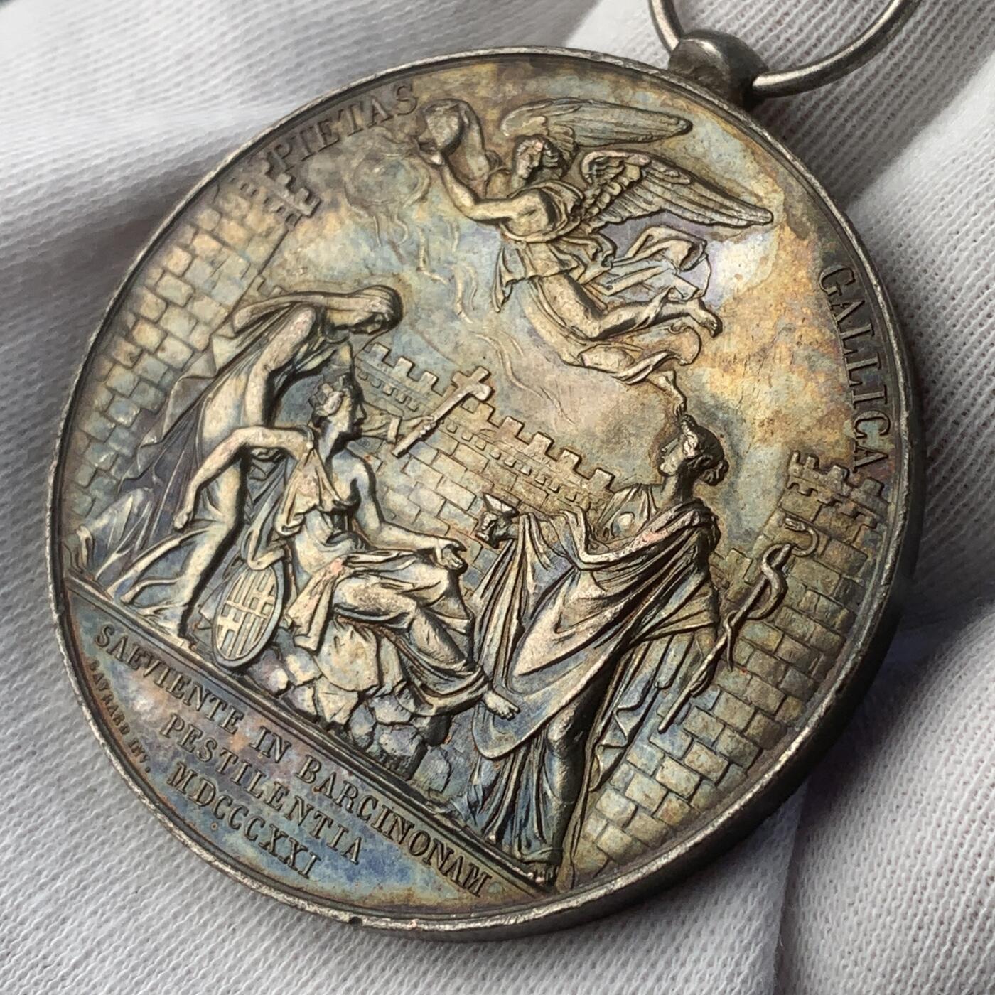 掌中浮雕-藏着的欧洲第047场 1821年法国对巴塞罗那黄热病疫情提供援助镀银铜章，47.6mm，54.6g