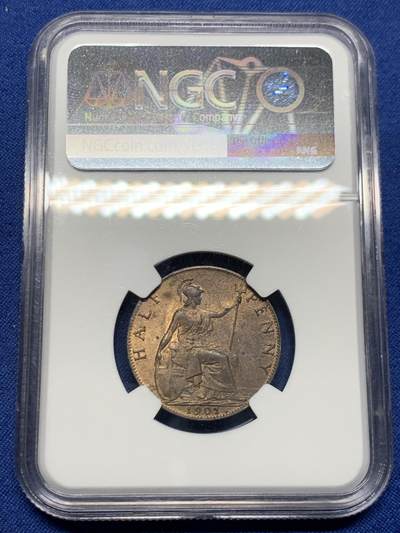 《竞宝斋》第449场 周日，周一，周二  3场连拍 （全场包邮，欢迎送拍） NGC MS63RB  英国1901年维多利亚1/2便士