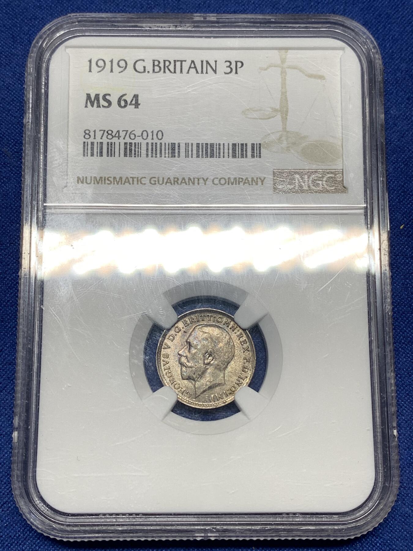 《竞宝斋》第449场 周日，周一，周二  3场连拍 （全场包邮，欢迎送拍） NGC MS64 英国1919年3便士银币 高银版本 包浆好看 值得入手