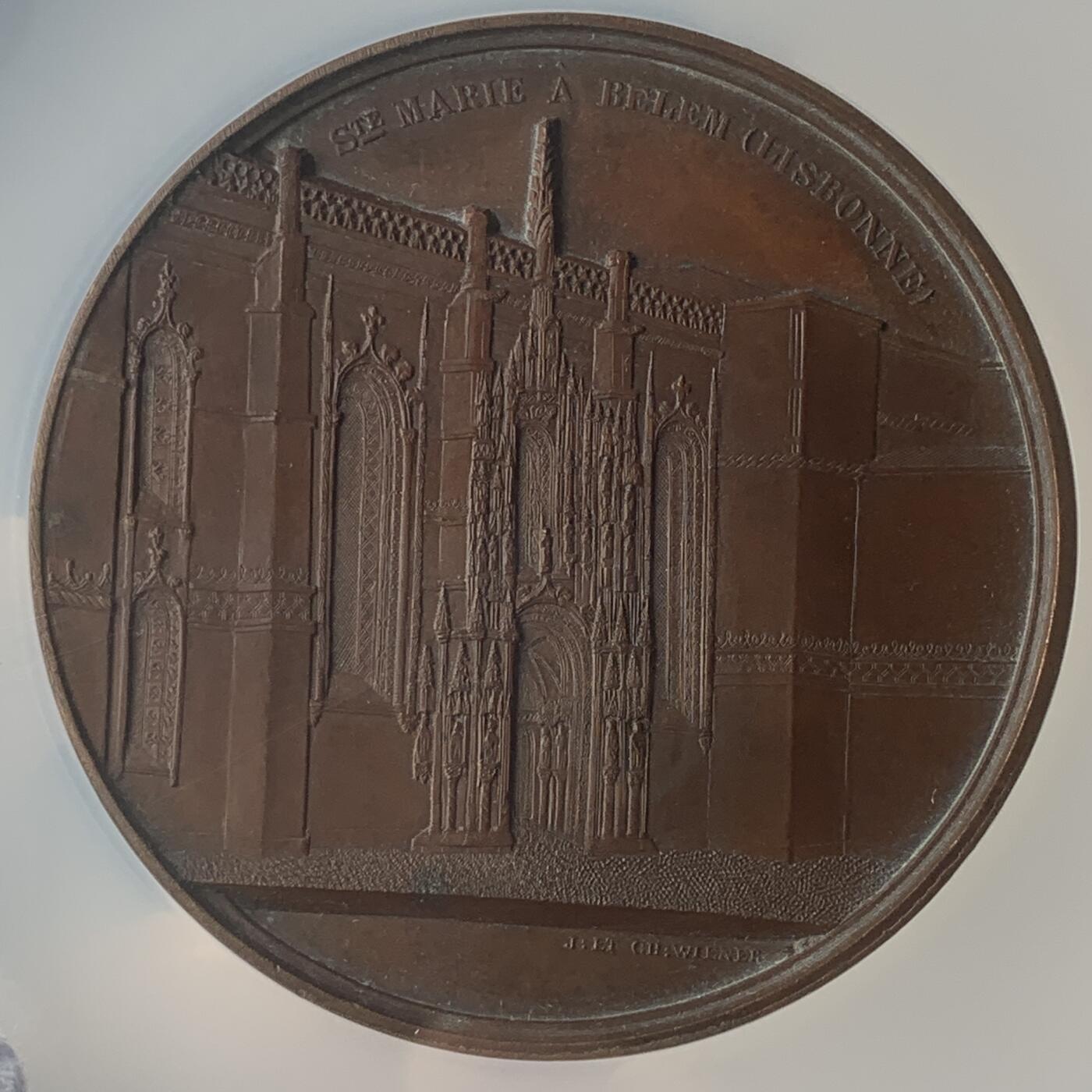 掌中浮雕-藏着的欧洲第047场 NGC MS63 : 1867年葡萄牙贝伦修道院铜章，59mm，大师维纳作品