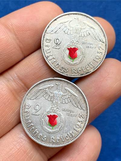 《竞宝斋》第449场 周日，周一，周二  3场连拍 （全场包邮，欢迎送拍） 两枚一组 德国 1937年 帝国2马克 银币 A厂与J厂
