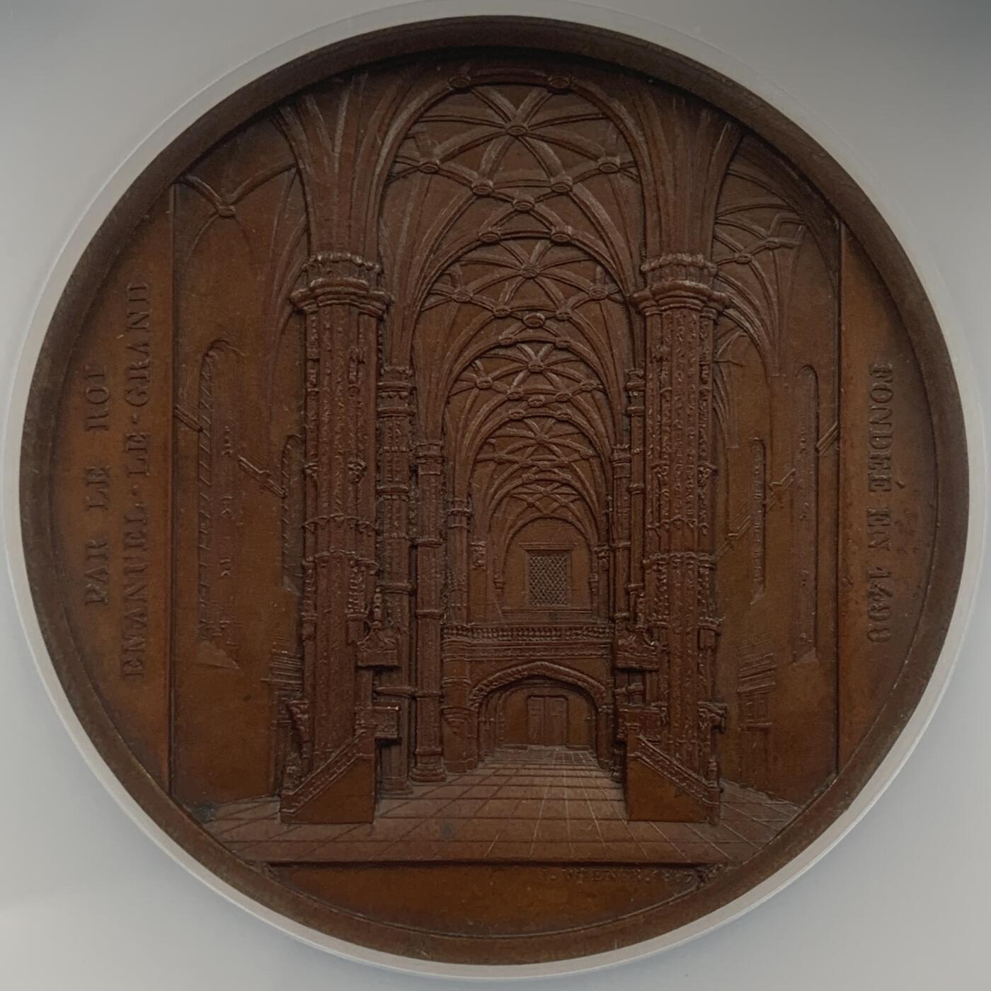 掌中浮雕-藏着的欧洲第047场 NGC MS63 : 1867年葡萄牙贝伦修道院铜章，59mm，大师维纳作品