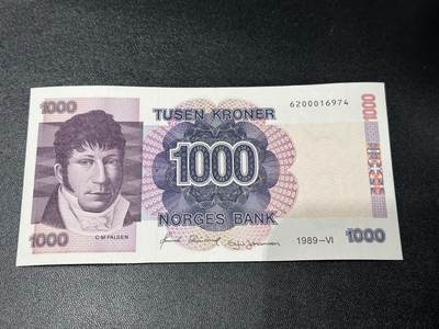 《外钞收藏家》第五百九十六期（精品大拍场）（本平台长期征集拍品、欢迎藏友们联系合作） - 挪威1989年首发年份1000克朗（挪威宪法之父法尔森）	UNC