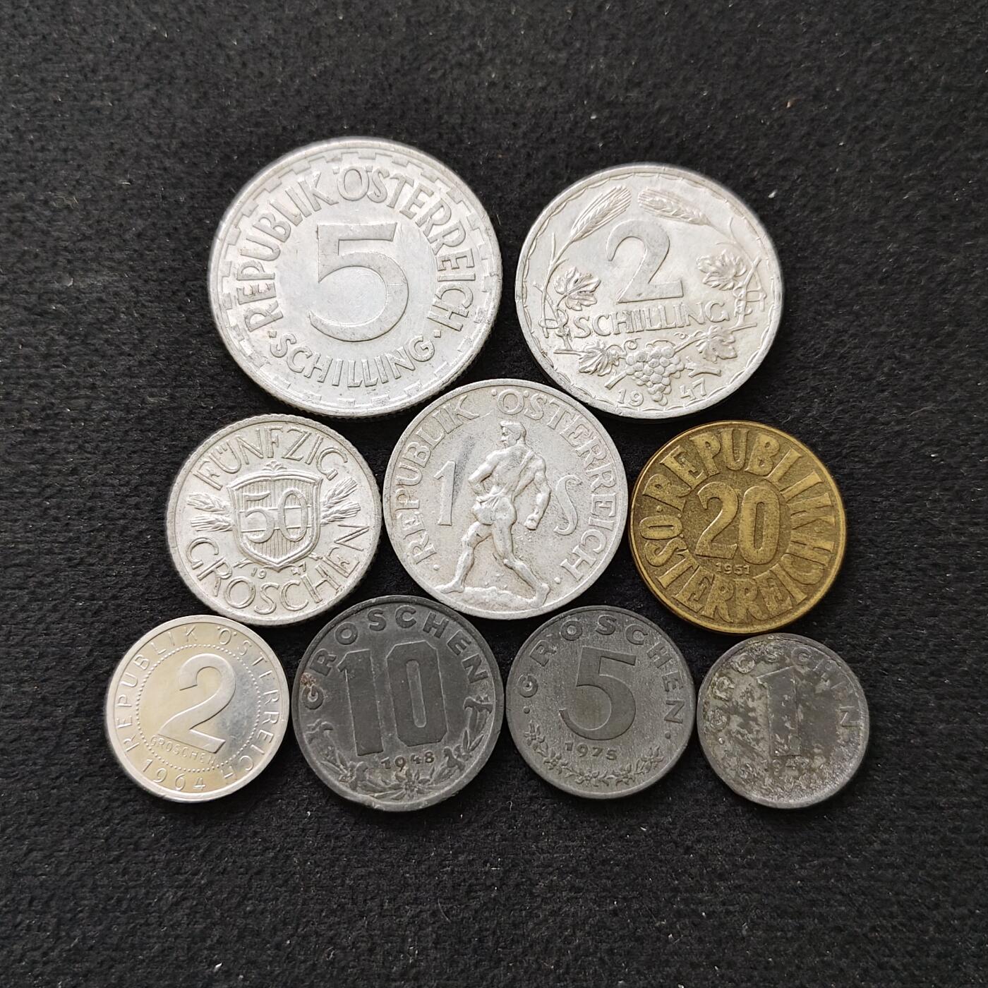 【全场包邮】纯粹捡漏拍488场（免费代拍第25场） 奥地利1947-1975年各年份9枚套币