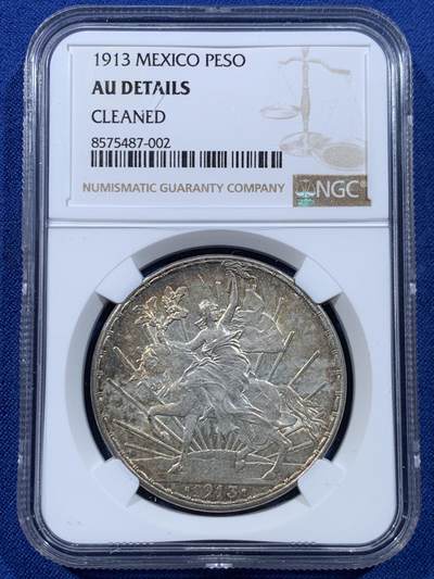 《竞宝斋》第449场 周日，周一，周二  3场连拍 （全场包邮，欢迎送拍） - NGC AUD 墨西哥 1913年 1比索 银币 骑马鹰洋中的少见年份 细节美 已有五彩包浆 大热品种
