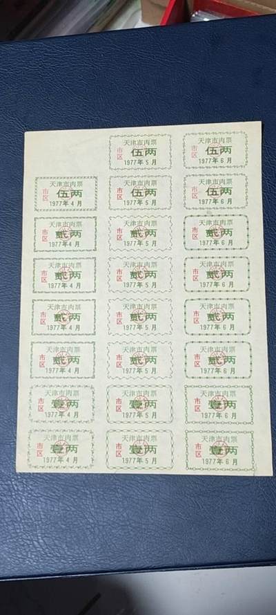 票证拍场，都是整版或者联票 - 天津市市区猪肉票，21联张，1977年发行