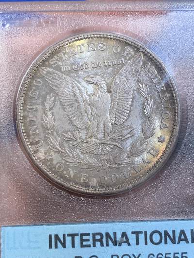 《竞宝斋》第449场 周日，周一，周二  3场连拍 （全场包邮，欢迎送拍） INS MS65 TONED 美国 1904年O厂摩根银币 美国1988年老牌评级公司，PCGS TRUE VIEW的鼻祖，盒子本身就是古董，摩根底板镜面，女神面银灰彩，背面金环彩，收藏级摩根。