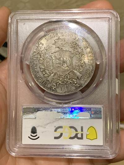 《竞宝斋》第449场 周日，周一，周二  3场连拍 （全场包邮，欢迎送拍） PCGS MS63 瑞士 1885年 射击节5法郎银 淡彩包浆 状态很好