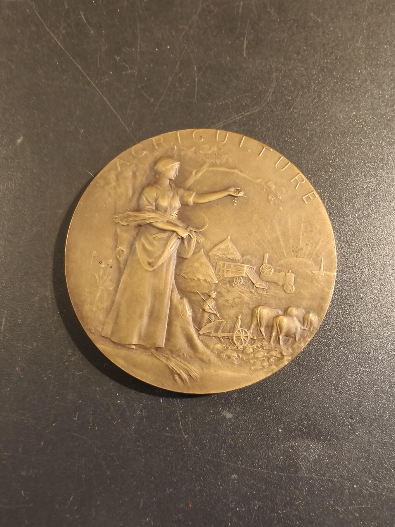 老王徽章第171期 法国萨瓦省圣朱利安昂热讷农业协会大铜章     原盒       大师P.Grandhomme作品     直径50mm     重量48.6g