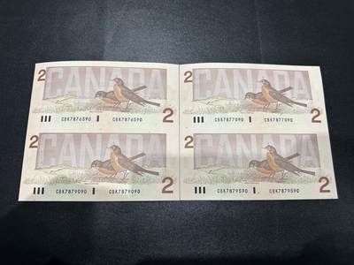 《外钞收藏家》第五百九十六期（精品大拍场）（本平台长期征集拍品、欢迎藏友们联系合作） - 加拿大1986年鸟版2元两连体一对（全程无4；号码不错）	UNC  有一张有轻微潮点