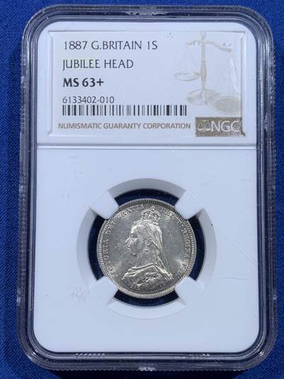 《竞宝斋》第449场 周日，周一，周二  3场连拍 （全场包邮，欢迎送拍） - NGC MS63+ 英国1887年维多利亚高冠1先令银币