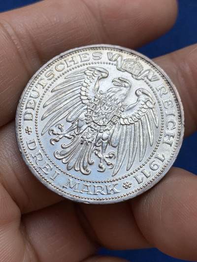 《竞宝斋》第449场 周日，周一，周二  3场连拍 （全场包邮，欢迎送拍） 德国1911年普鲁士布雷斯劳大学纪念3马克银币