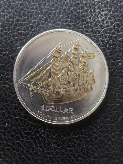 道一币馆币章第一百六十一场 - 库克岛2009邦蒂号五桅帆船1元镀金银币 31.1g 999s