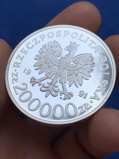 《竞宝斋》第449场 周日，周一，周二  3场连拍 （全场包邮，欢迎送拍） 波兰1991年纪念1992年第二十五届奥运会巴塞罗那-帆船20万兹罗提精制大银币，925银，重量31.1g，直径40mm