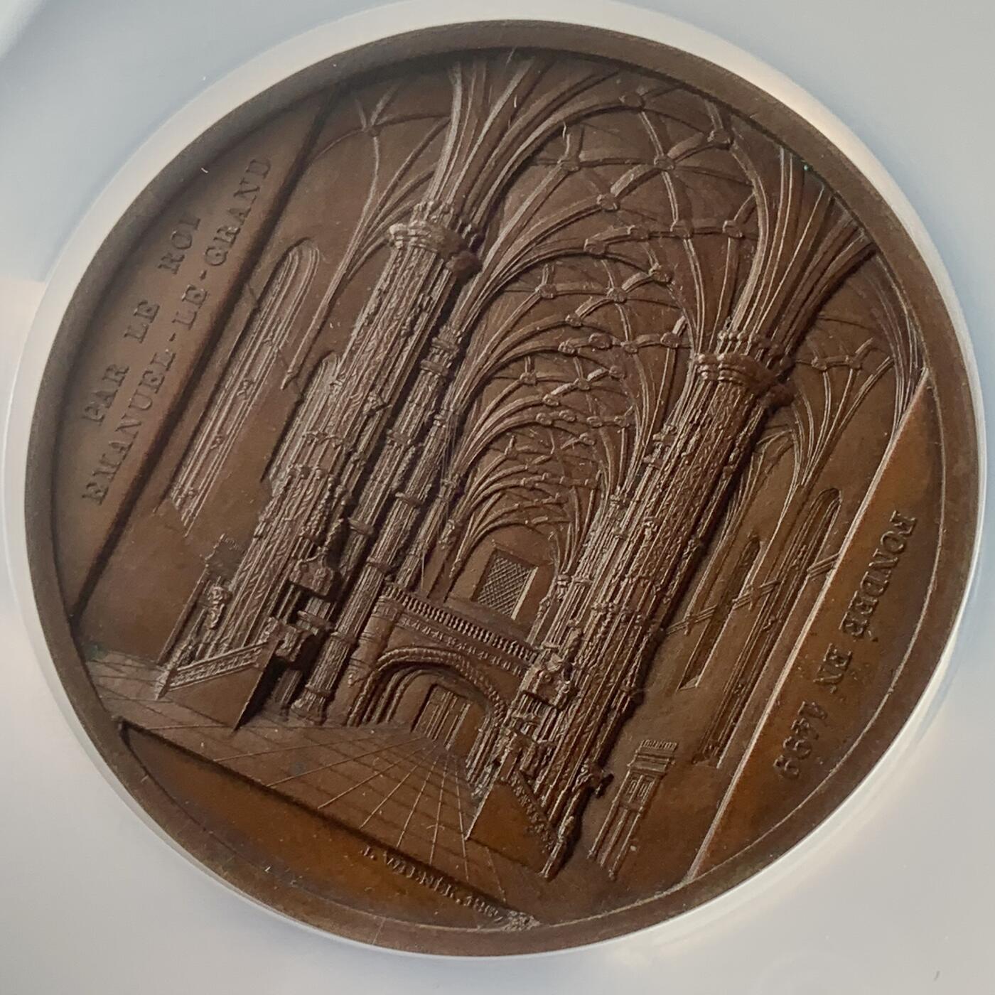 掌中浮雕-藏着的欧洲第047场 NGC MS63 : 1867年葡萄牙贝伦修道院铜章，59mm，大师维纳作品