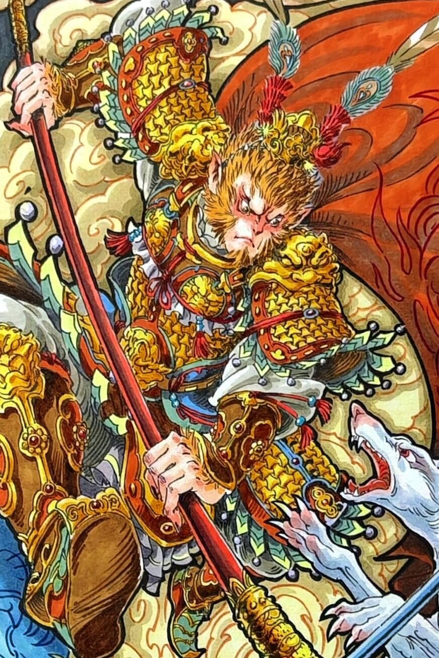 白泽拍卖卡牌手绘专场第30期（白金之夜 跨年大拍） 2025 李尊奇手绘画 孙悟空二郎神 已装裱 尺寸：内25.5cm*37.5cm 外30.5cm*42.5cm  李尊奇亲签