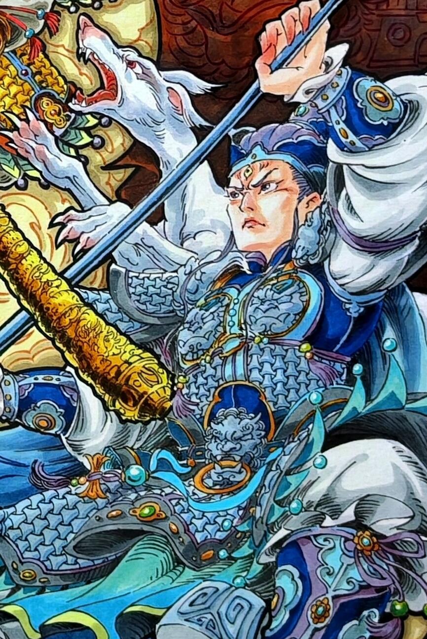 白泽拍卖卡牌手绘专场第30期（白金之夜 跨年大拍） 2025 李尊奇手绘画 孙悟空二郎神 已装裱 尺寸：内25.5cm*37.5cm 外30.5cm*42.5cm  李尊奇亲签