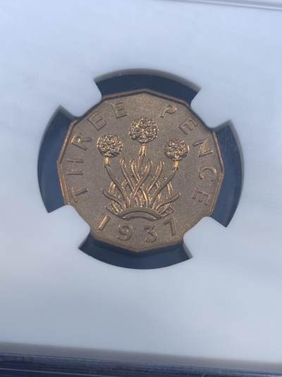 《竞宝斋》第449场 周日，周一，周二  3场连拍 （全场包邮，欢迎送拍） NGC PF66 英国1937年乔治六世精制3便士铜币