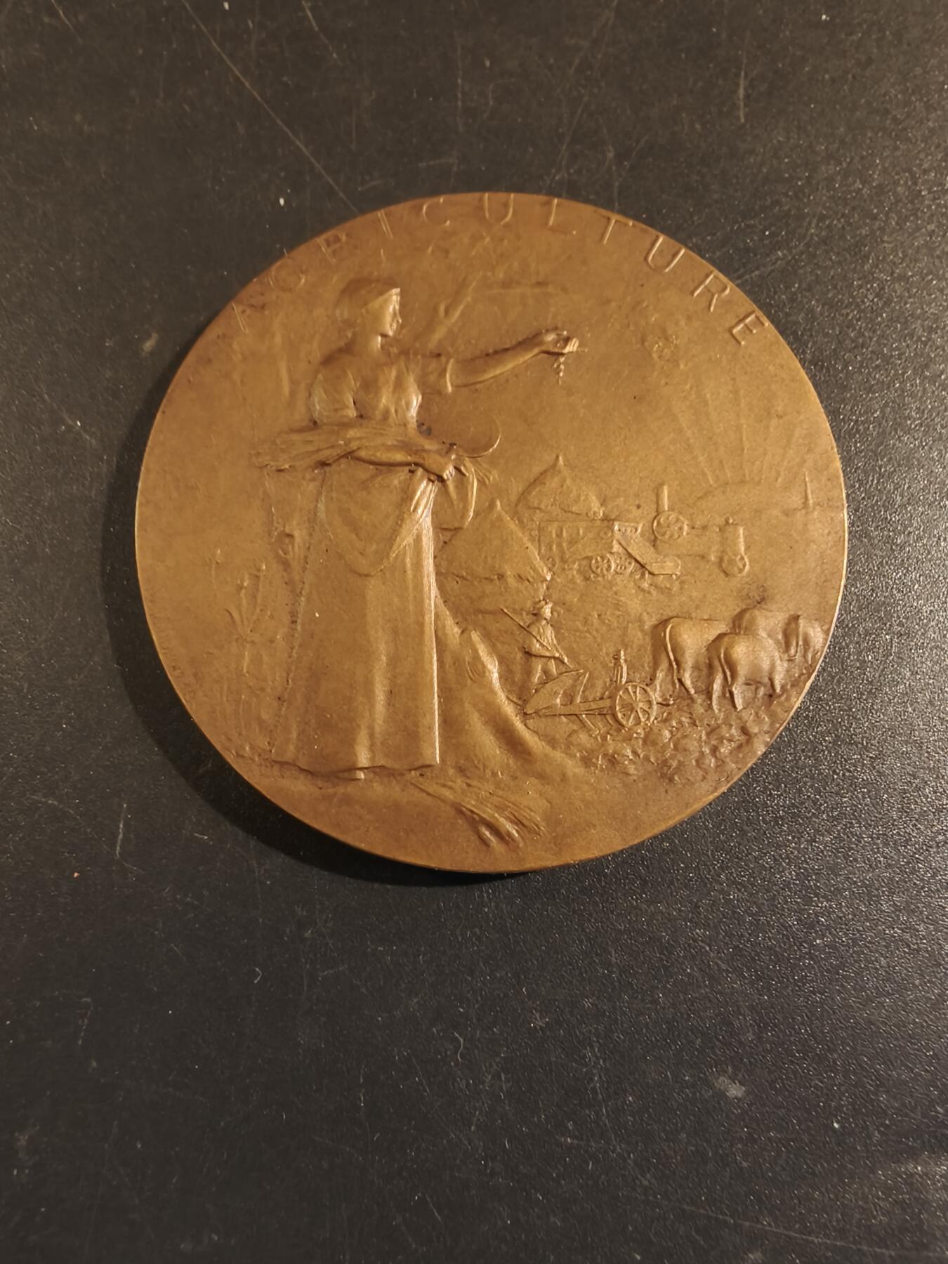 老王徽章第171期 法国萨瓦省圣朱利安昂热讷农业协会大铜章     原盒       大师P.Grandhomme作品     直径50mm     重量53.6g