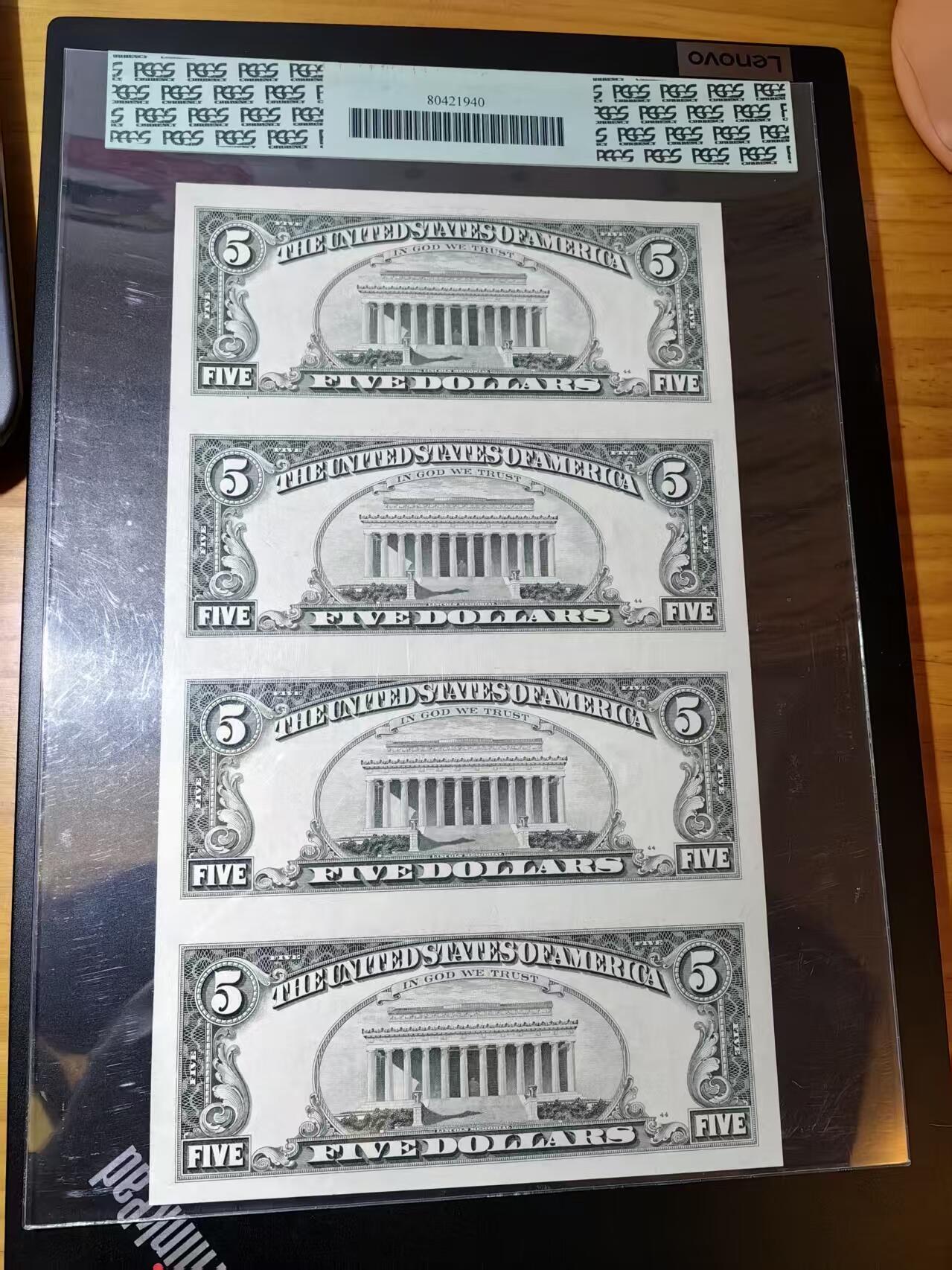 【Blue Auction】世界纸币精拍第766期——18级TOP拍卖/信誉/品质/专业/高效💫 【四连体】美国 1995年5美金 PCGS62EPQ 超大壳