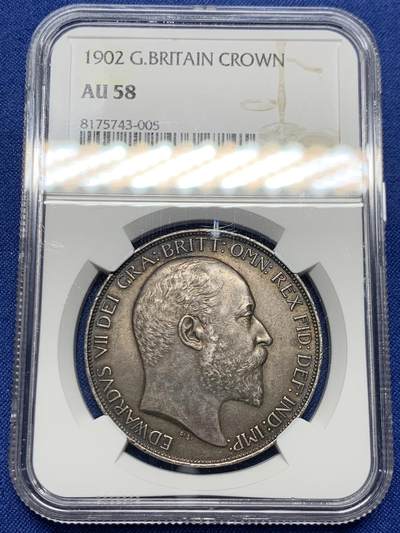 《竞宝斋》第449场 周日，周一，周二  3场连拍 （全场包邮，欢迎送拍） - NGC AU58 英国1902年爱德华七世马剑克朗银币，包浆醇厚。