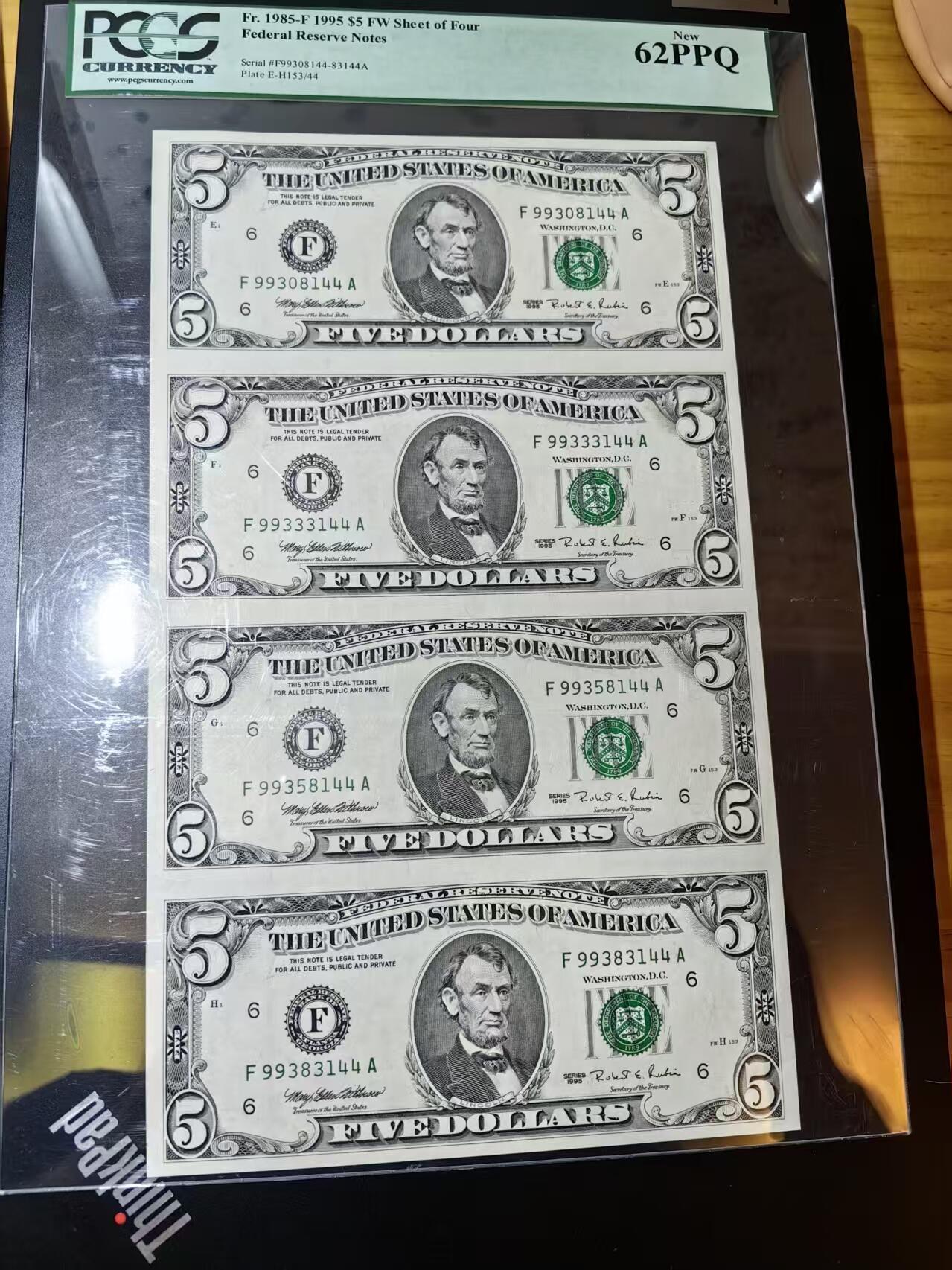 【Blue Auction】世界纸币精拍第766期——18级TOP拍卖/信誉/品质/专业/高效💫 【四连体】美国 1995年5美金 PCGS62EPQ 超大壳